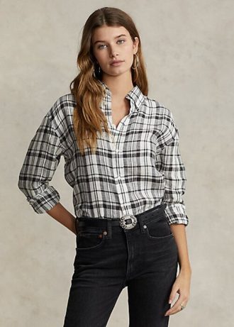 Camisas Ralph Lauren de linho xadrez com caimento relaxado, pretas e brancas, para mulheres