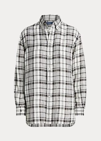 Camisas Ralph Lauren de linho xadrez com caimento relaxado, pretas e brancas, para mulheres
