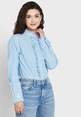 Camisas Ralph Lauren Femininas Listradas com Detalhe de Babados Azul