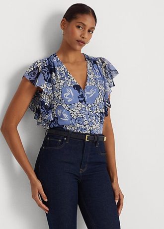 Camisas Ralph Lauren Floral Crinkle Georgette Femininas Azuis