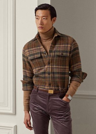 Camisas Ralph Lauren Masculinas de Tweed de Lã Xadrez com Patch de Camurça Marrom