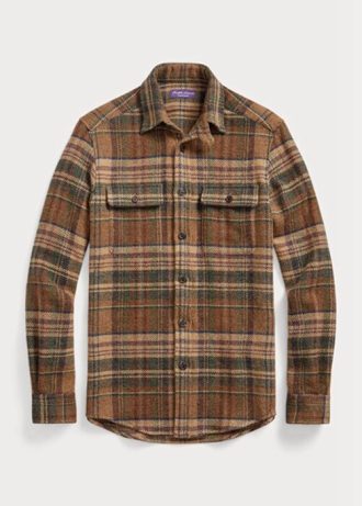 Camisas Ralph Lauren Masculinas de Tweed de Lã Xadrez com Patch de Camurça Marrom