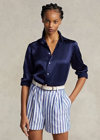 Camisas Ralph Lauren Mulberry Silk Shir Azul Marinho Femininas