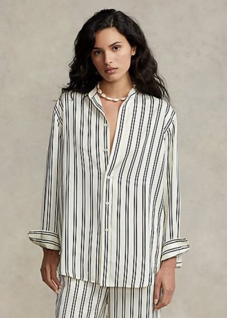 Camisas Ralph Lauren Oversize Listradas de Cetim Pretas/Creme Femininas