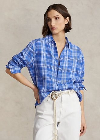 Camisas Ralph Lauren Relaxed Fit Xadrez de Linho Azul Femininas