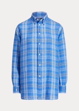 Camisas Ralph Lauren Relaxed Fit Xadrez de Linho Azul Femininas