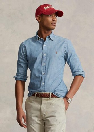 Camisas Ralph Lauren Slim Fit Chambray Masculinas Azuis