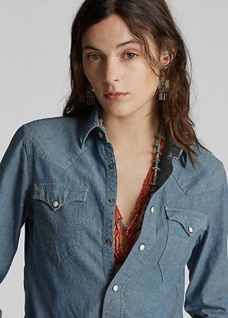 Camisas Ralph Lauren Western Indigo Chambray Azul Femininas