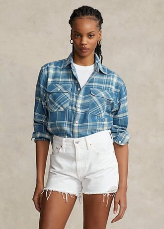 Camisas Ralph Lauren xadrez de algodão e sarja azul femininas
