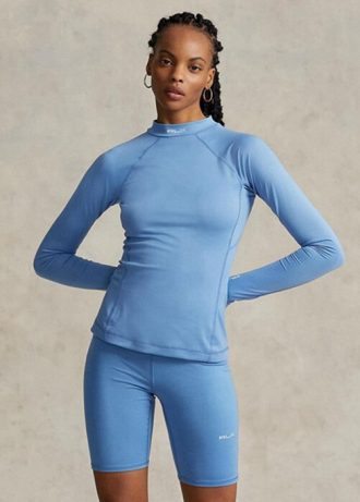 Camiseta Ralph Lauren Feminina Azul com Logotipo e Manga Longa e Gola Mockneck