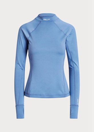 Camiseta Ralph Lauren Feminina Azul com Logotipo e Manga Longa e Gola Mockneck