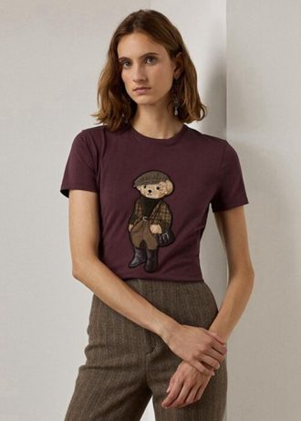 Camisetas de algodão Ralph Lauren Tweed Bear para mulheres na cor Borgonha