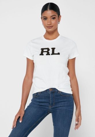 Camisetas femininas brancas com estampa de gola redonda Ralph Lauren