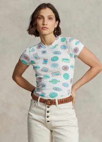 Camisetas femininas brancas de algodão canelado com motivo de viagem Ralph Lauren