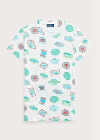 Camisetas femininas brancas de algodão canelado com motivo de viagem Ralph Lauren