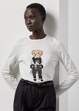 Camisetas femininas brancas Ralph Lauren Cinema Polo Bear de algodão manga comprida