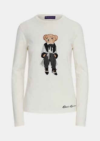Camisetas femininas brancas Ralph Lauren Cinema Polo Bear de algodão manga comprida