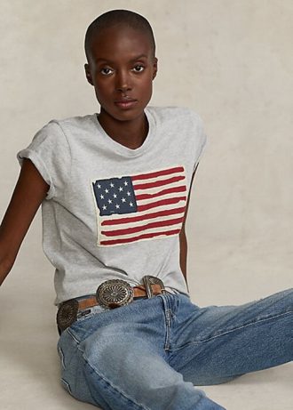 Camisetas femininas cinza Ralph Lauren com bandeira de algodão