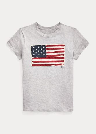 Camisetas femininas cinza Ralph Lauren com bandeira de algodão