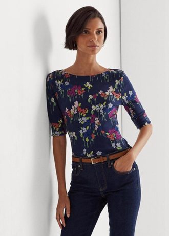 Camisetas femininas multicoloridas Ralph Lauren de algodão elástico com decote canoa e estampa floral