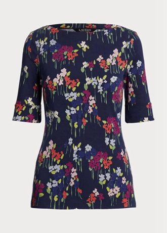 Camisetas femininas multicoloridas Ralph Lauren de algodão elástico com decote canoa e estampa floral