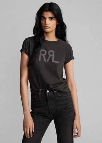 Camisetas femininas pretas de algodão com logotipo Ralph Lauren