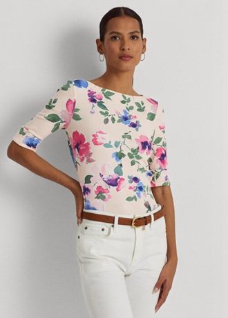 Camisetas femininas Ralph Lauren de algodão elástico floral rosa