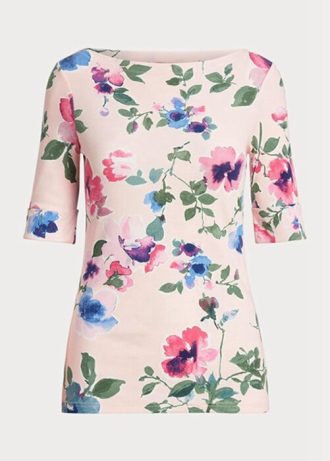Camisetas femininas Ralph Lauren de algodão elástico floral rosa