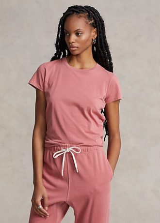 Camisetas femininas Ralph Lauren de algodão orgânico com gola redonda rosa