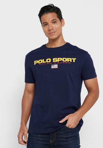 Camisetas masculinas com gola redonda e logotipo Ralph Lauren azul-marinho