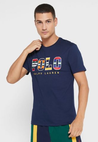 Camisetas masculinas com gola redonda e logotipo Ralph Lauren azul-marinho