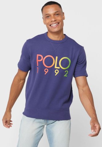 Camisetas masculinas com gola redonda e logotipo Ralph Lauren azul-marinho
