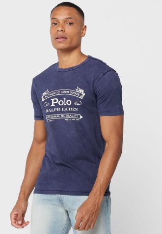 Camisetas masculinas com gola redonda e logotipo Ralph Lauren azul-marinho
