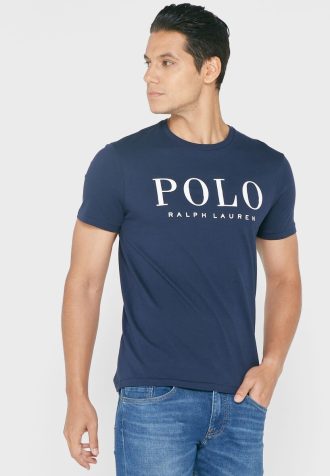 Camisetas masculinas com gola redonda e logotipo Ralph Lauren azul-marinho