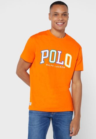 Camisetas masculinas laranja com gola redonda e logotipo Ralph Lauren