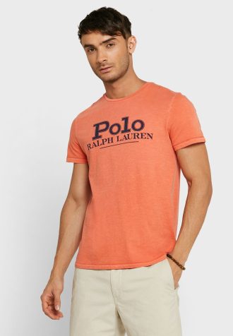 Camisetas masculinas laranja com gola redonda e logotipo Ralph Lauren