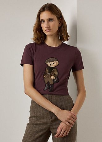 Camisetas Polo Ralph Lauren Tweed de algodão com urso Borgonha para mulheres