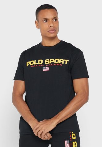 Camisetas pretas masculinas com gola redonda e logotipo Ralph Lauren