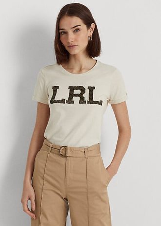 Camisetas Ralph Lauren com logotipo bordado em jersey creme para mulheres