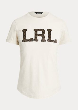 Camisetas Ralph Lauren com logotipo bordado em jersey creme para mulheres