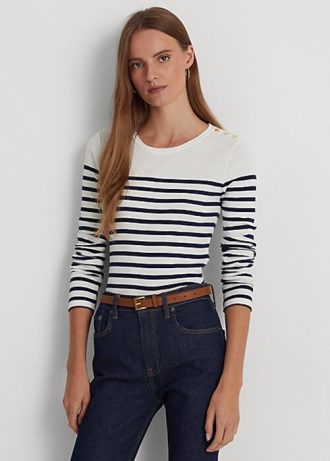 Camisetas Ralph Lauren de algodão listradas, manga comprida, brancas/azul-marinho, femininas