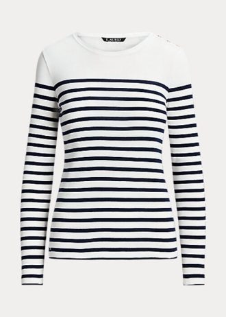 Camisetas Ralph Lauren de algodão listradas, manga comprida, brancas/azul-marinho, femininas