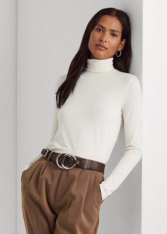 Camisetas Ralph Lauren de gola alta em jersey creme para mulheres