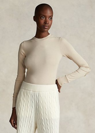 Camisetas Ralph Lauren de manga comprida com acabamento em camurça canelada, creme, femininas