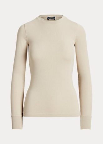 Camisetas Ralph Lauren de manga comprida com acabamento em camurça canelada, creme, femininas