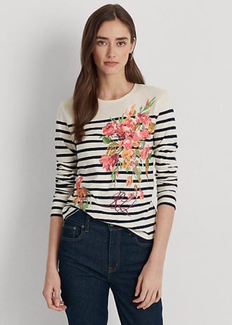 Camisetas Ralph Lauren de manga comprida com estampa floral e listrada, creme/azul marinho, femininas