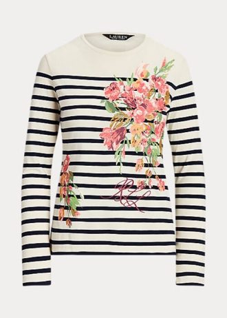 Camisetas Ralph Lauren de manga comprida com estampa floral e listrada, creme/azul marinho, femininas