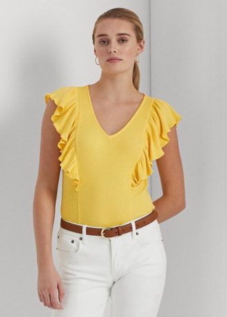 Camisetas Ralph Lauren Femininas Amarelas com Acabamento em Malha Ribana e Babados