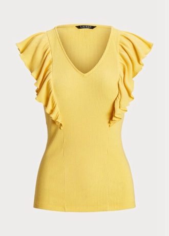 Camisetas Ralph Lauren Femininas Amarelas com Acabamento em Malha Ribana e Babados