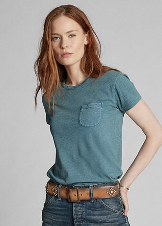 Camisetas Ralph Lauren femininas azuis com bolso de algodão índigo